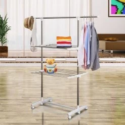 HOMCOM Turmwäscheständer Mit 2 Ebenen Silber (83-140) X 62 X 139 Cm (LxBxH) | Mobiler Wäschetrockner Wäscheturm Seitenflügel -KALDEWEI-Shop 8600336600 850 002 prod 003