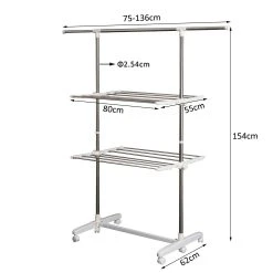 HOMCOM Turmwäscheständer Mit 2 Ebenen Silber (83-140) X 62 X 139 Cm (LxBxH) | Mobiler Wäschetrockner Wäscheturm Seitenflügel -KALDEWEI-Shop 8600336600 850 002 prod 005