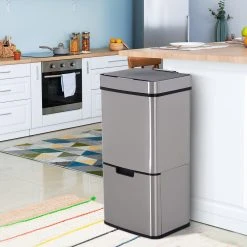 HOMCOM Abfalleimer Mit Sensor Silber 42 X 30 X 81 Cm (LxBxH) | Mülleimer 3 Faches Mülltrennsystem Kücheneimer -KALDEWEI-Shop 8600336600 851 018 prod 003