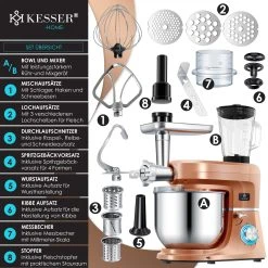 KESSER® 3 In 1 Universal Küchenmaschine K-KM 3000 Mit Fleischwolf Knetmaschine Multifuntionale Rührmaschine 5,5L Schüssel Mit 3 Rührwerkzeuge 1,5L Entsafter Wurst Set Pasta & Plätzchenformen -KALDEWEI-Shop 8600364700 22474 prod 002